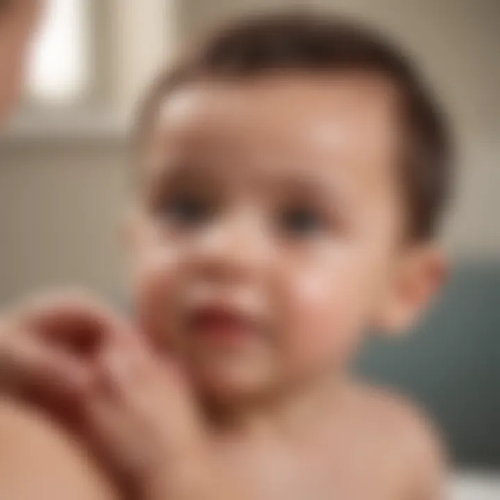 A soothing lotion being applied to an infant's eczema-affected skin.