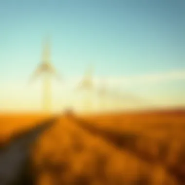 Wind turbines generating electricity in a field