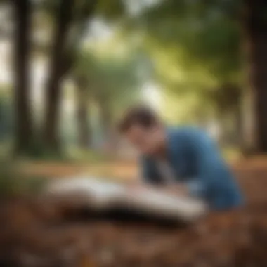 An individual deeply engrossed in a book in a park