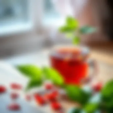 A cup of hibiscus tea with fresh petals