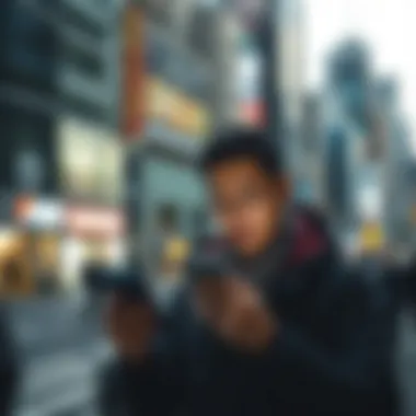 The Influence of Mobile Devices on Individual Focus An individual engrossed in a mobile device while surrounded by a busy urban landscape.