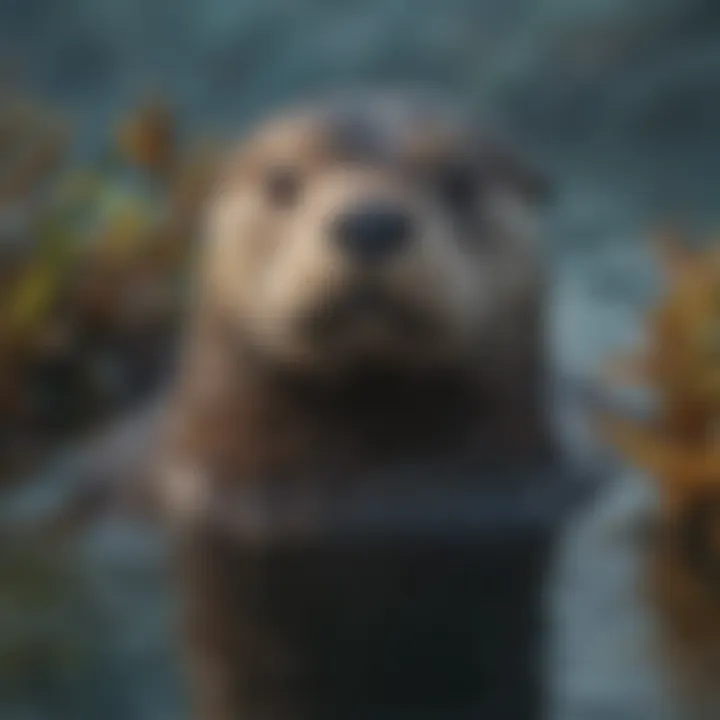 Close-up of a sea otter amongst kelp