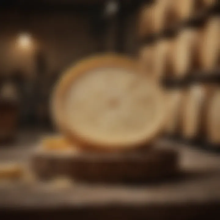 Traditional Parmesan cheese wheel resting in a cellar