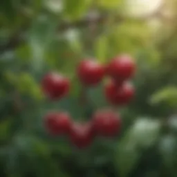 Tart cherries on a branch with leaves
