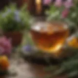 A calming cup of herbal tea surrounded by fresh herbs and flowers